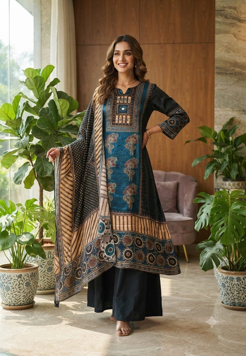 Butter Shine Gajji Silk Fabric Abstract Ajrakh Print Full Suit Set With Dupatta- 15624, 15621