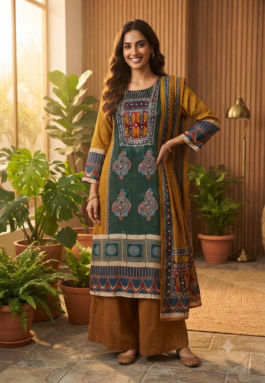 Butter Shine Gajji Silk Fabric Abstract Ajrakh Print Full Suit Set With Dupatta- 15624, 15621