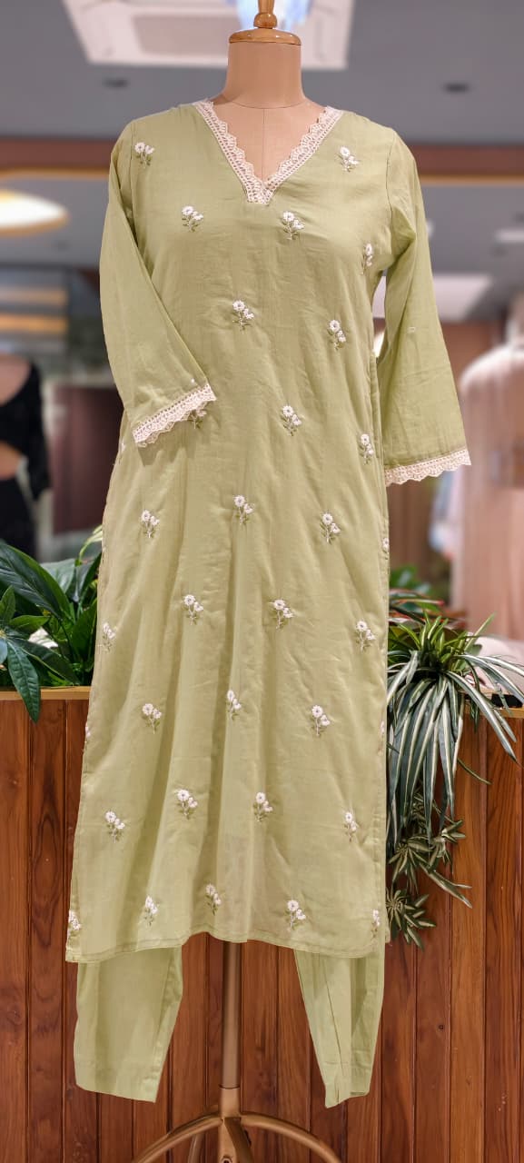 Crosia Neckline Cute Tiny Floral Embroidery Solid Color Cotton Full Suit Set With Dupatta- 15652