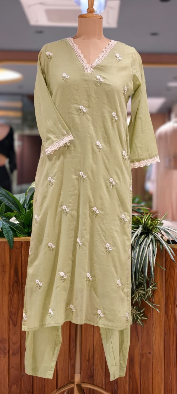 Crosia Neckline Cute Tiny Floral Embroidery Solid Color Cotton Full Suit Set With Dupatta- 15652