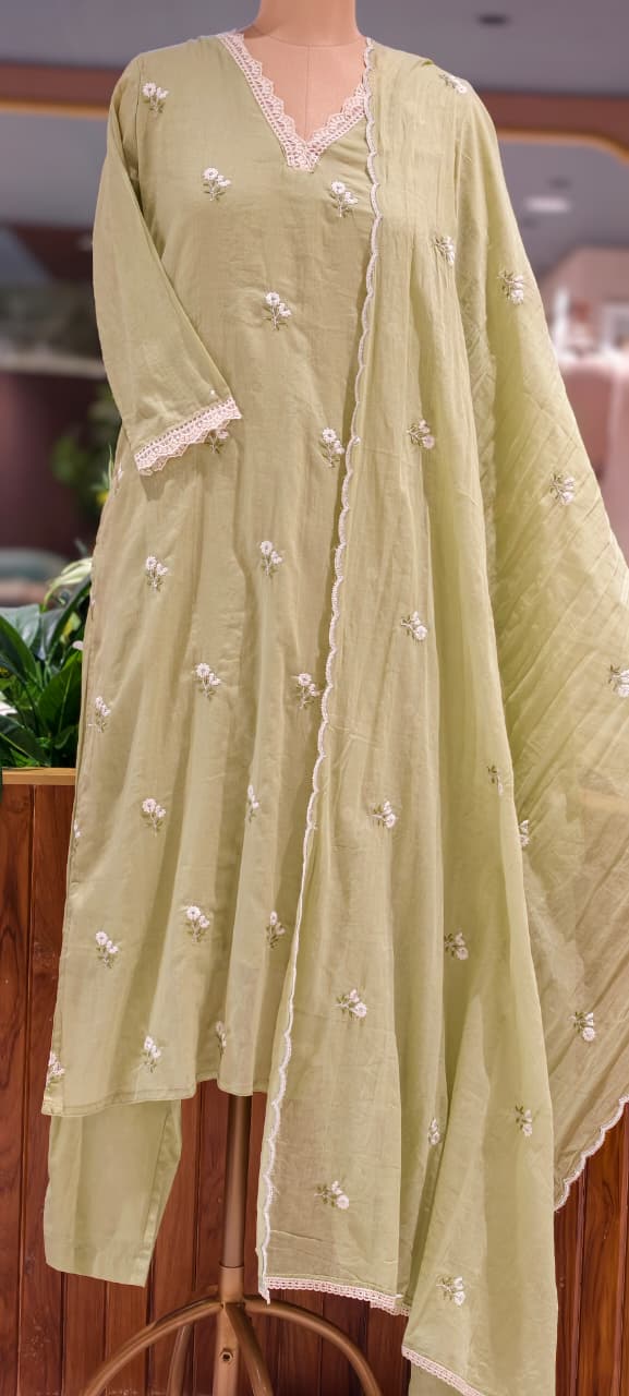 Crosia Neckline Cute Tiny Floral Embroidery Solid Color Cotton Full Suit Set With Dupatta- 15652
