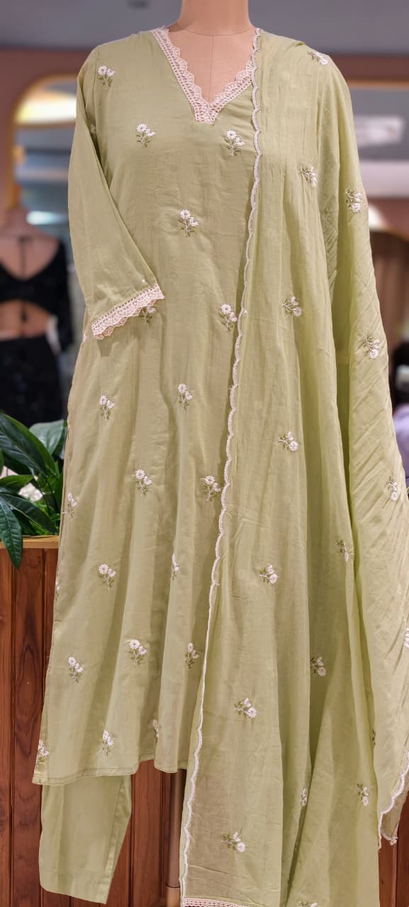 Crosia Neckline Cute Tiny Floral Embroidery Solid Color Cotton Full Suit Set With Dupatta- 15652