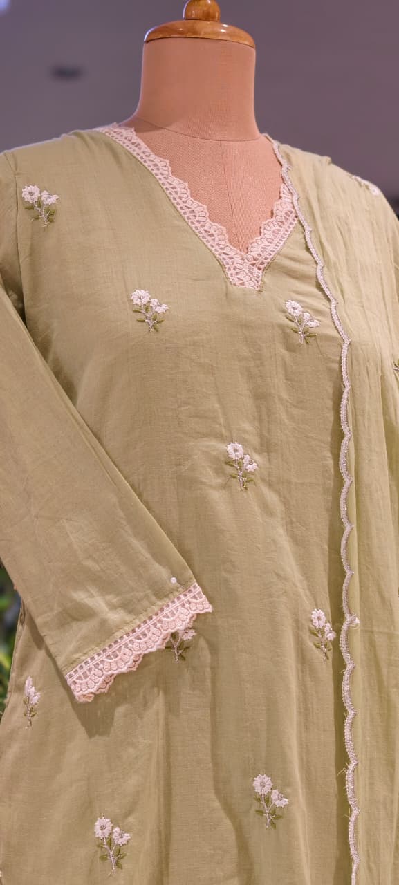 Crosia Neckline Cute Tiny Floral Embroidery Solid Color Cotton Full Suit Set With Dupatta- 15652