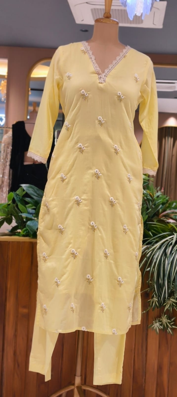 Crosia Neckline Cute Tiny Floral Embroidery Solid Color Cotton Full Suit Set With Dupatta- 15652