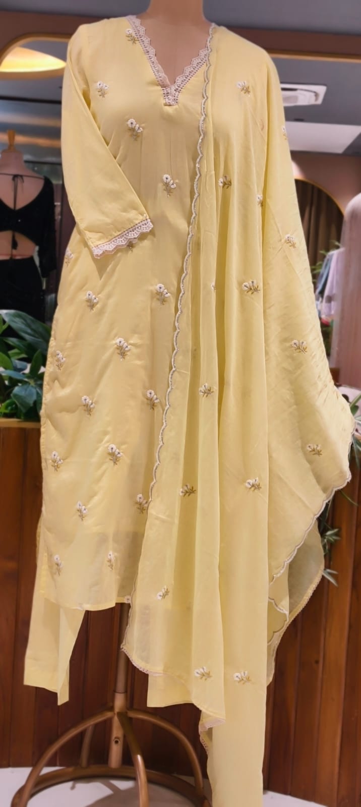 Crosia Neckline Cute Tiny Floral Embroidery Solid Color Cotton Full Suit Set With Dupatta- 15652