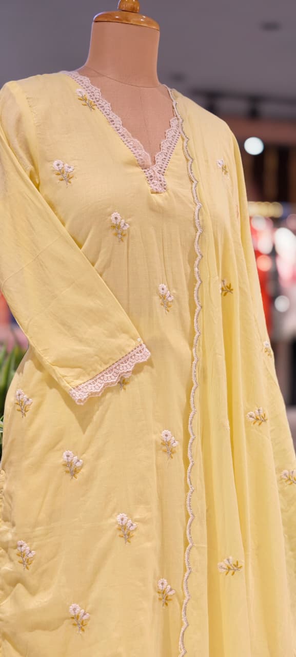 Crosia Neckline Cute Tiny Floral Embroidery Solid Color Cotton Full Suit Set With Dupatta- 15652