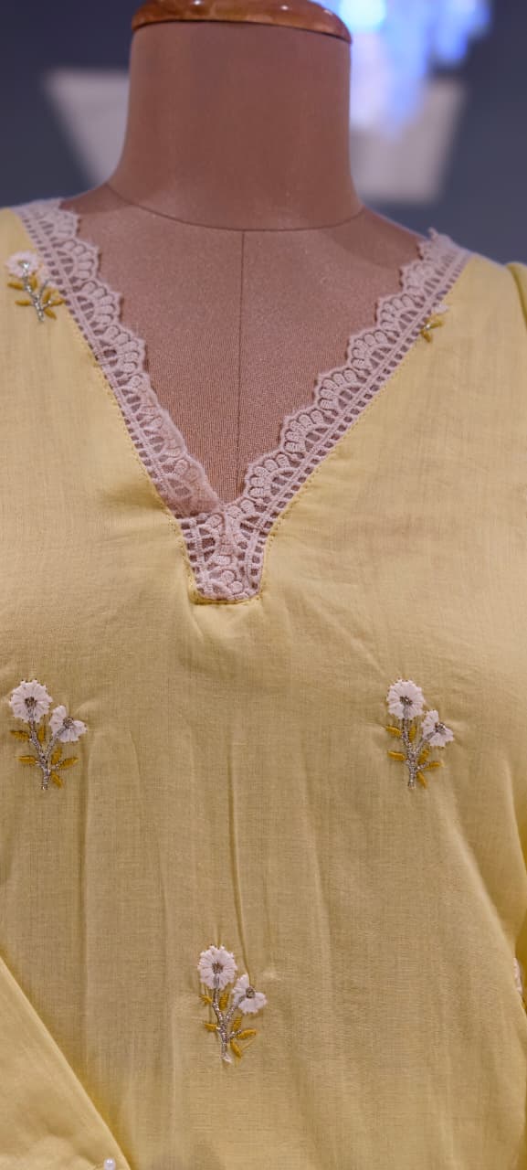 Crosia Neckline Cute Tiny Floral Embroidery Solid Color Cotton Full Suit Set With Dupatta- 15652