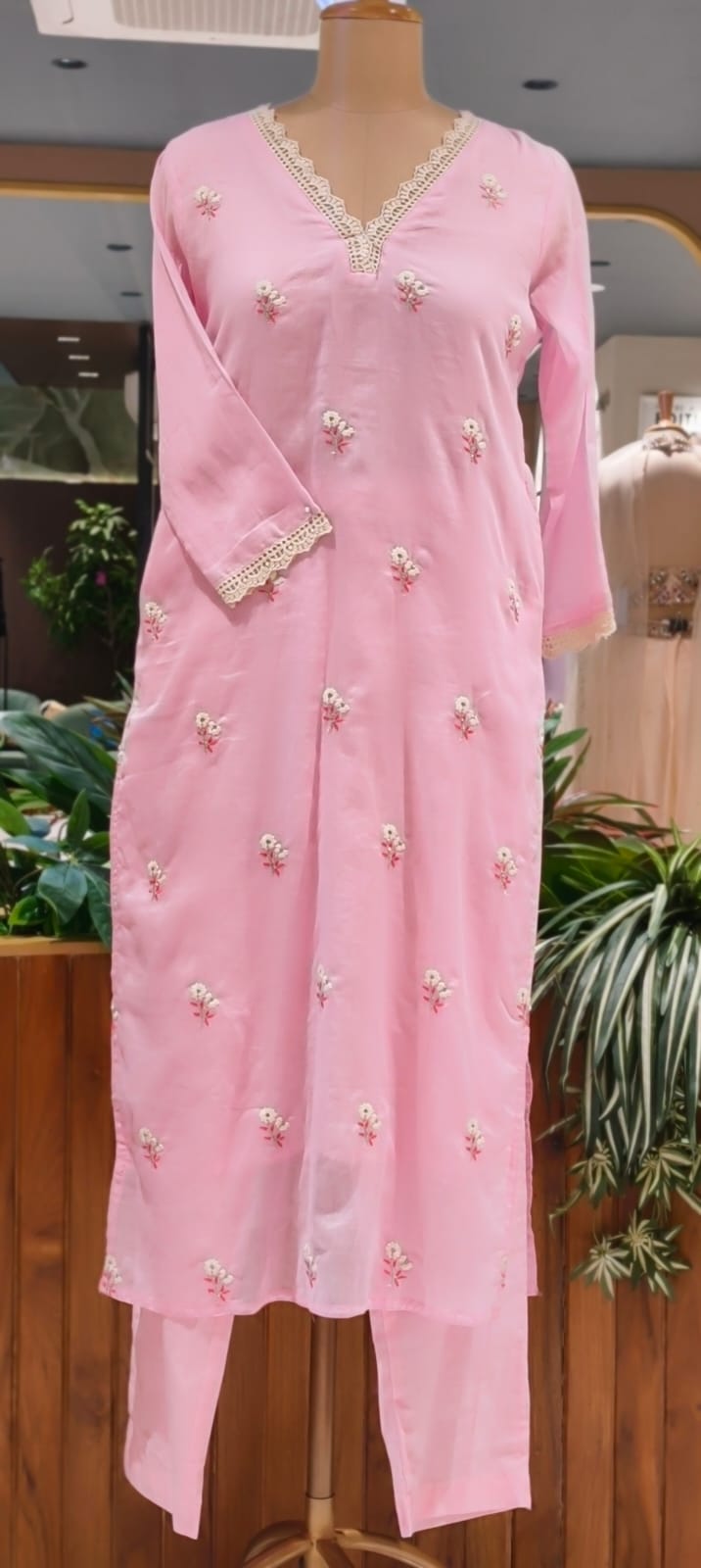 Crosia Neckline Cute Tiny Floral Embroidery Solid Color Cotton Full Suit Set With Dupatta- 15652