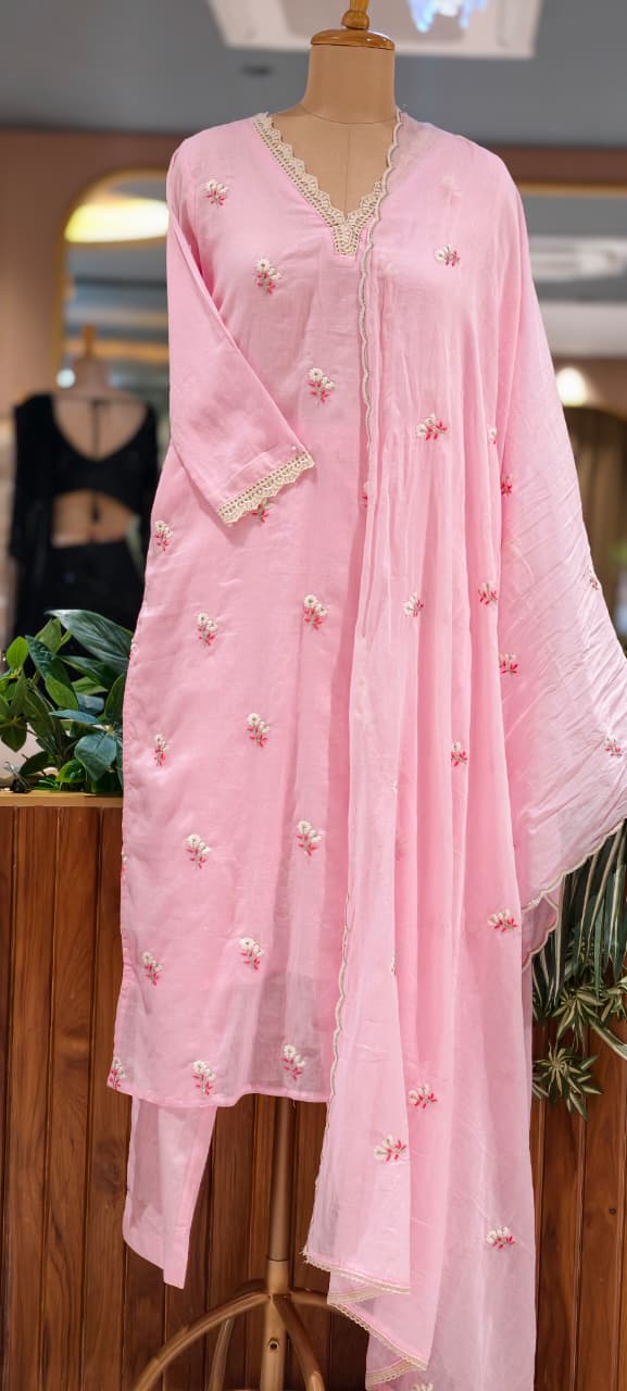 Crosia Neckline Cute Tiny Floral Embroidery Solid Color Cotton Full Suit Set With Dupatta- 15652