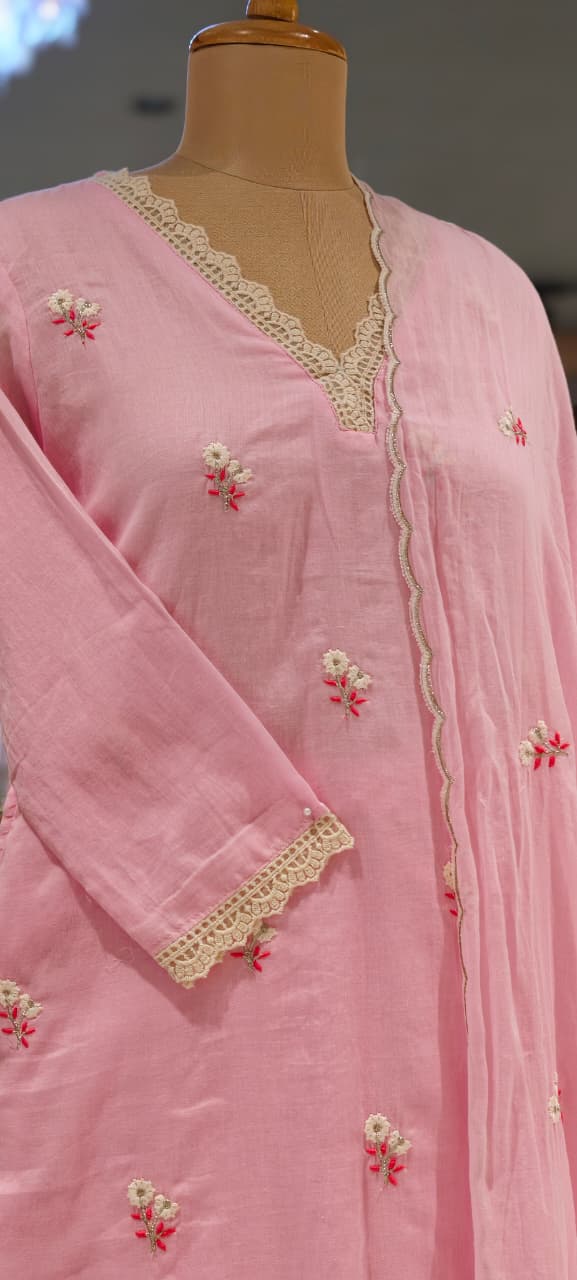 Crosia Neckline Cute Tiny Floral Embroidery Solid Color Cotton Full Suit Set With Dupatta- 15652
