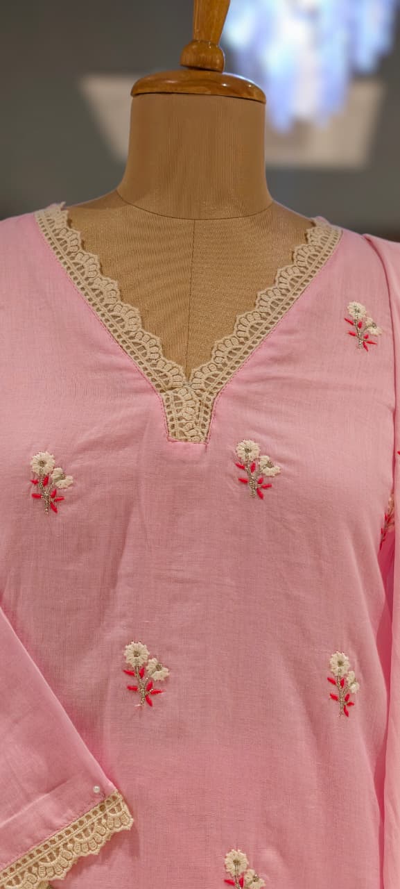 Crosia Neckline Cute Tiny Floral Embroidery Solid Color Cotton Full Suit Set With Dupatta- 15652