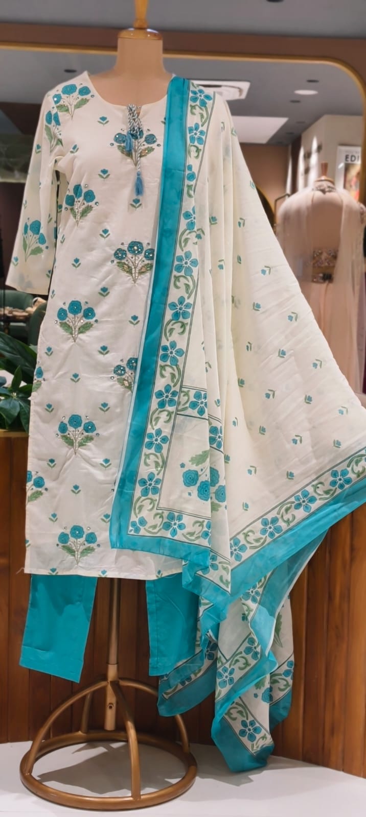Cute Floral Motifs Watermark Look Tassel Accent Cotton Full Suit Set With Dupatta- 15666
