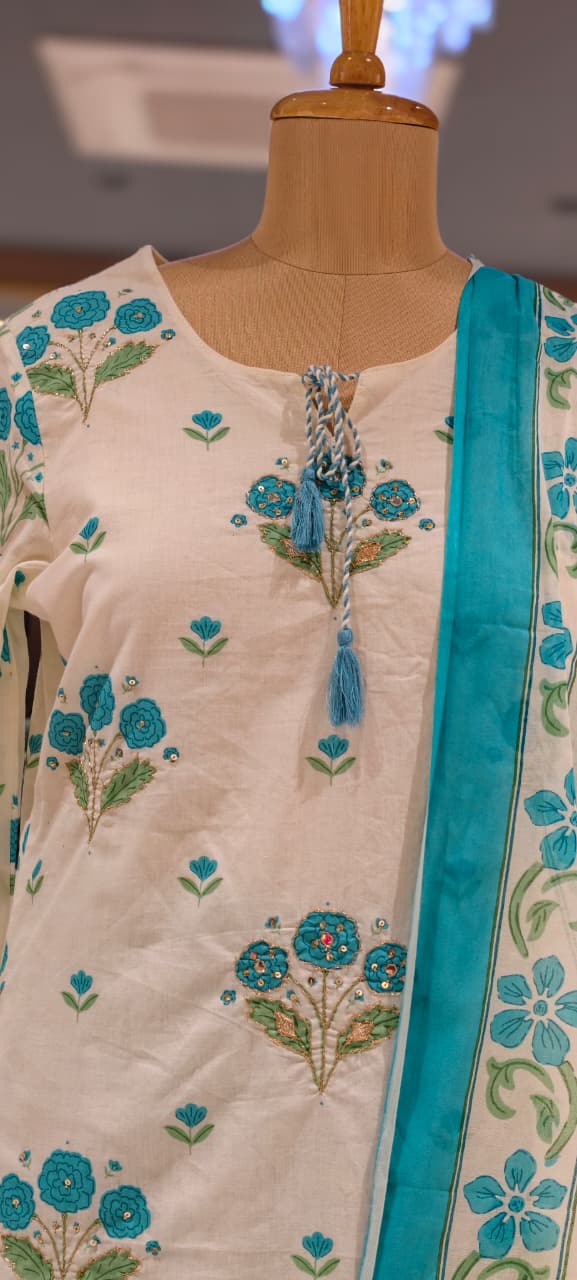 Cute Floral Motifs Watermark Look Tassel Accent Cotton Full Suit Set With Dupatta- 15666