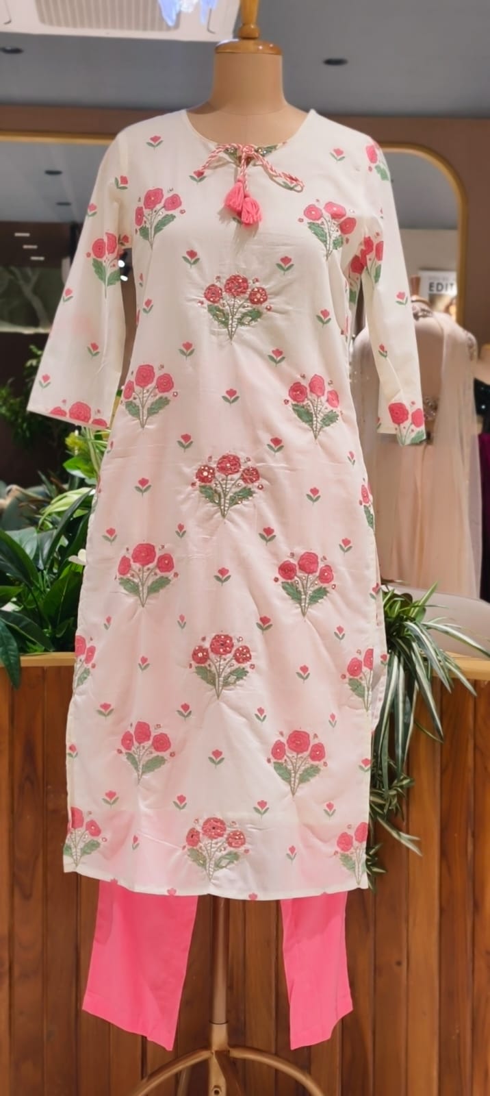 Cute Floral Motifs Watermark Look Tassel Accent Cotton Full Suit Set With Dupatta- 15666