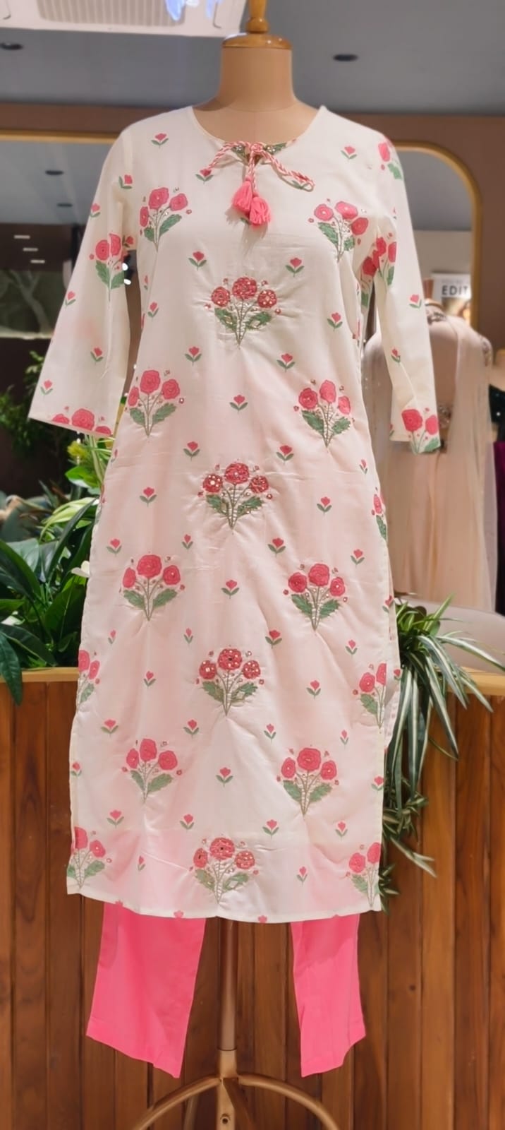 Cute Floral Motifs Watermark Look Tassel Accent Cotton Full Suit Set With Dupatta- 15666