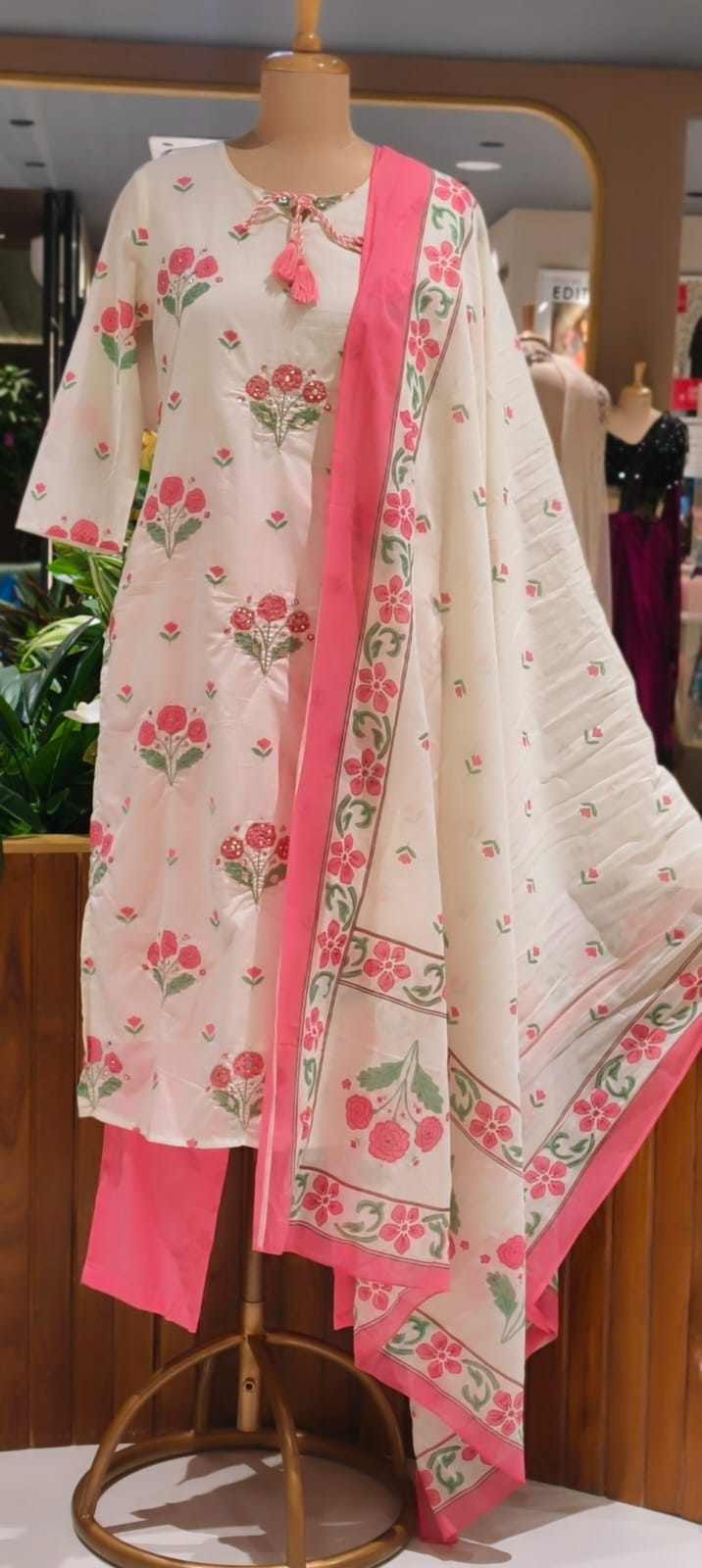Cute Floral Motifs Watermark Look Tassel Accent Cotton Full Suit Set With Dupatta- 15666