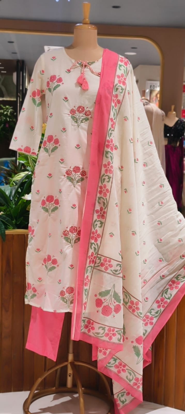 Cute Floral Motifs Watermark Look Tassel Accent Cotton Full Suit Set With Dupatta- 15666