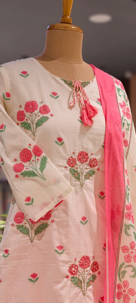Cute Floral Motifs Watermark Look Tassel Accent Cotton Full Suit Set With Dupatta- 15666