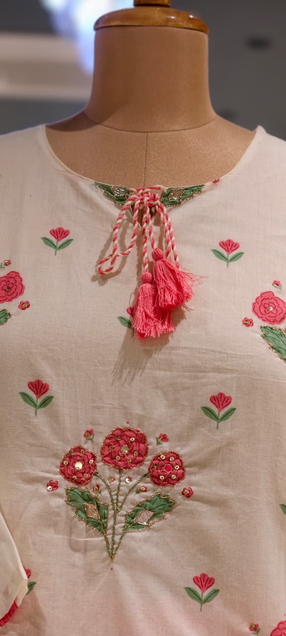 Cute Floral Motifs Watermark Look Tassel Accent Cotton Full Suit Set With Dupatta- 15666