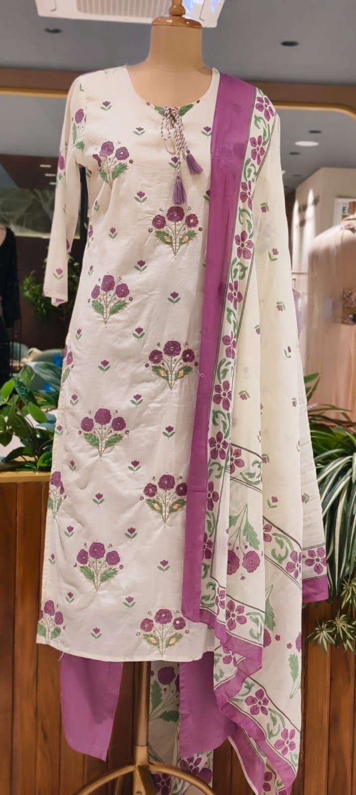Cute Floral Motifs Watermark Look Tassel Accent Cotton Full Suit Set With Dupatta- 15666