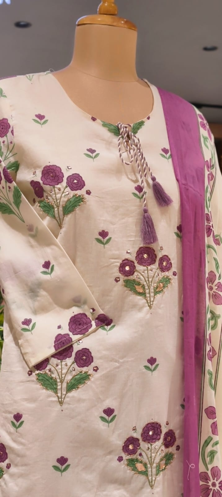 Cute Floral Motifs Watermark Look Tassel Accent Cotton Full Suit Set With Dupatta- 15666