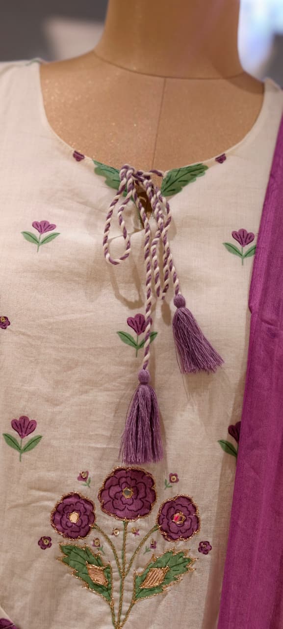Cute Floral Motifs Watermark Look Tassel Accent Cotton Full Suit Set With Dupatta- 15666