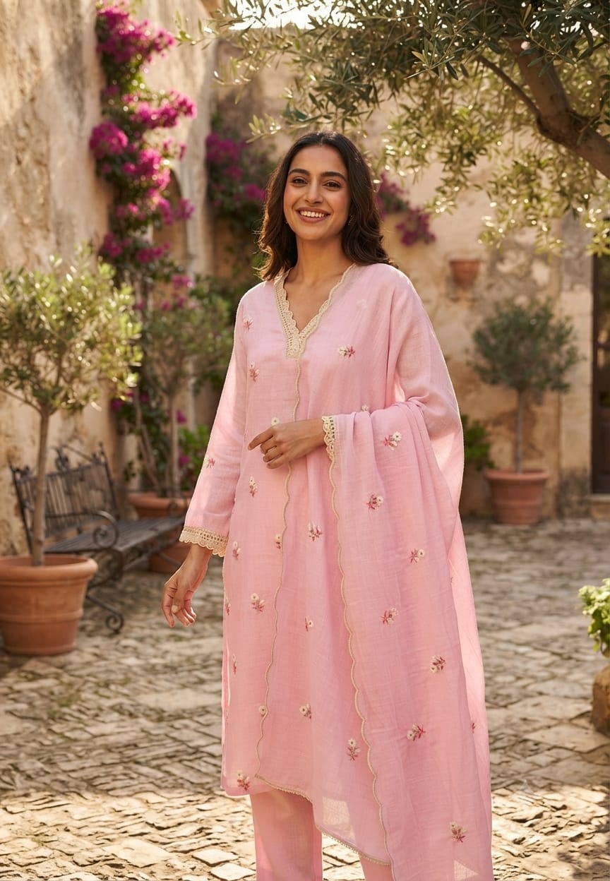 Crosia Neckline Cute Tiny Floral Embroidery Solid Color Cotton Full Suit Set With Dupatta- 15652