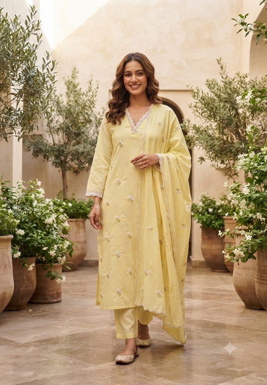 Crosia Neckline Cute Tiny Floral Embroidery Solid Color Cotton Full Suit Set With Dupatta- 15652