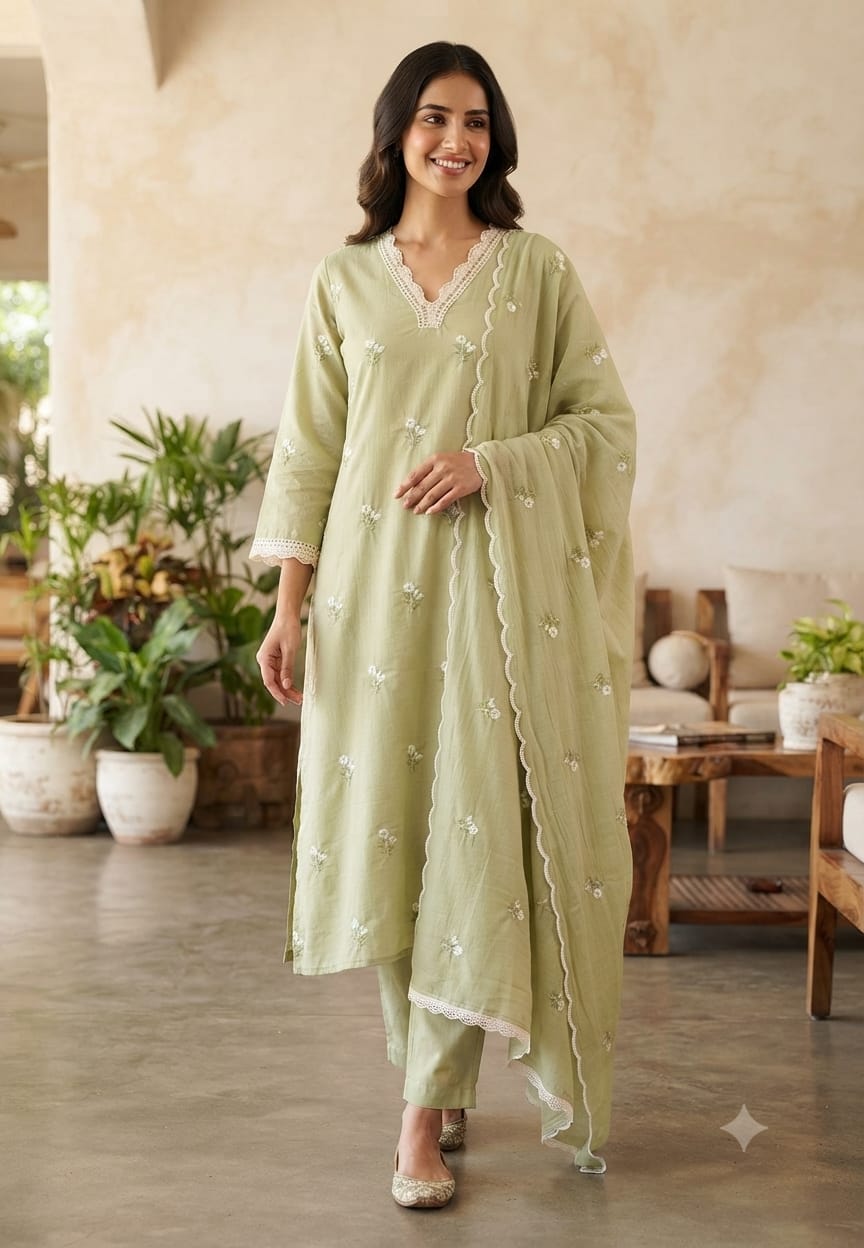 Crosia Neckline Cute Tiny Floral Embroidery Solid Color Cotton Full Suit Set With Dupatta- 15652