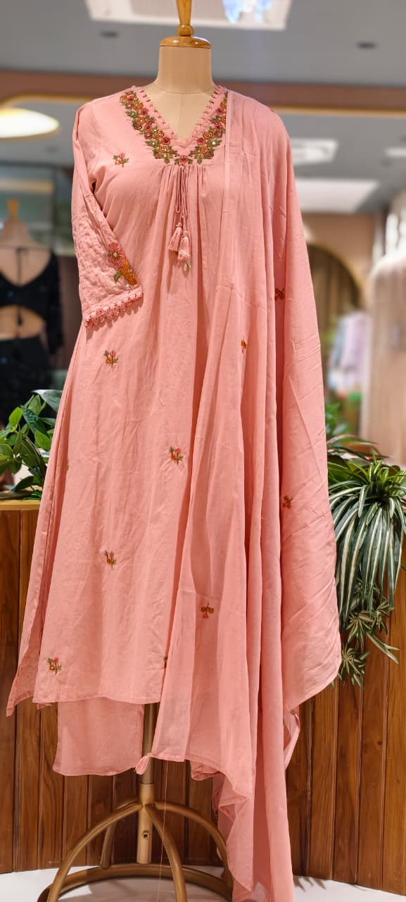 Fine Intricate Floral Embroidery With Crosia Touch Neckline Sili Cotton A-Line Full Suit Set With Dupatta- 15672