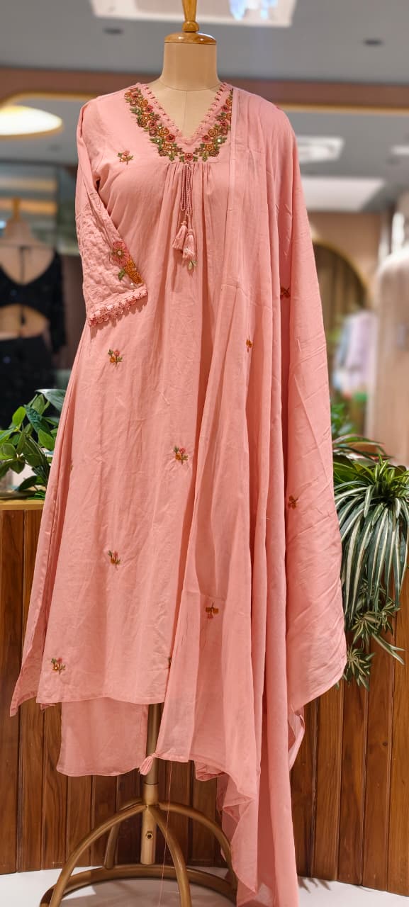 Fine Intricate Floral Embroidery With Crosia Touch Neckline Sili Cotton A-Line Full Suit Set With Dupatta- 15672