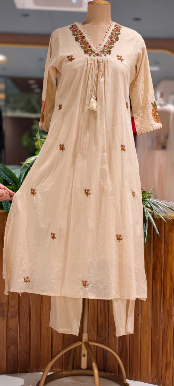 Fine Intricate Floral Embroidery With Crosia Touch Neckline Sili Cotton A-Line Full Suit Set With Dupatta- 15672