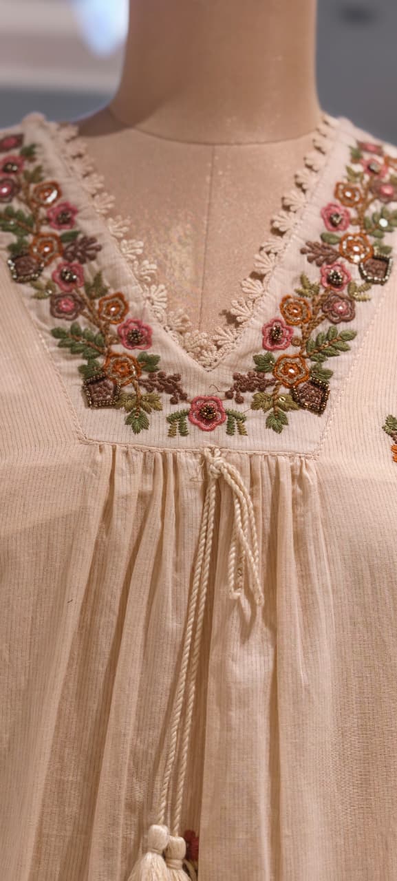 Fine Intricate Floral Embroidery With Crosia Touch Neckline Sili Cotton A-Line Full Suit Set With Dupatta- 15672