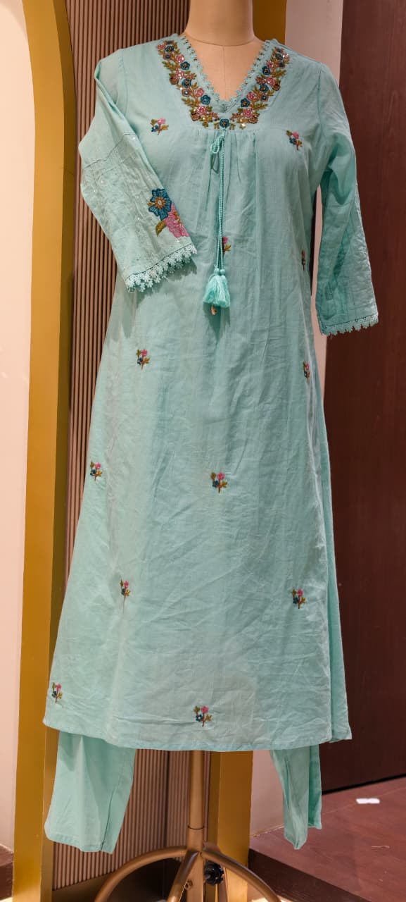 Fine Intricate Floral Embroidery With Crosia Touch Neckline Sili Cotton A-Line Full Suit Set With Dupatta- 15672