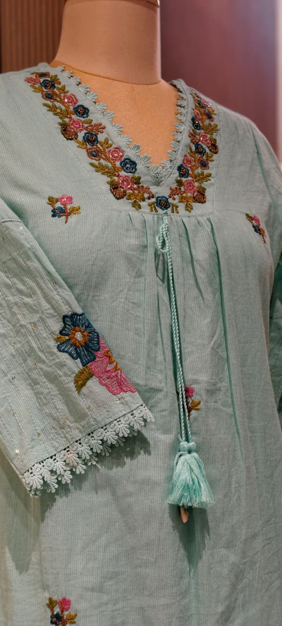 Fine Intricate Floral Embroidery With Crosia Touch Neckline Sili Cotton A-Line Full Suit Set With Dupatta- 15672