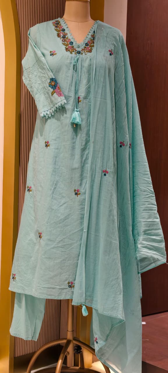 Fine Intricate Floral Embroidery With Crosia Touch Neckline Sili Cotton A-Line Full Suit Set With Dupatta- 15672