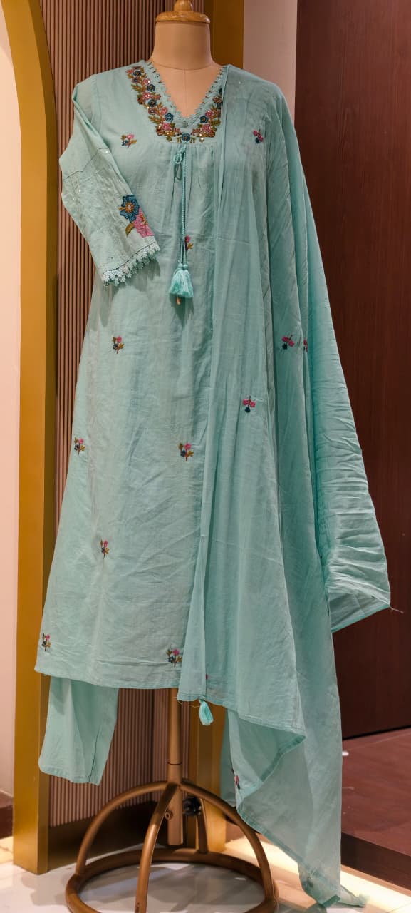 Fine Intricate Floral Embroidery With Crosia Touch Neckline Sili Cotton A-Line Full Suit Set With Dupatta- 15672