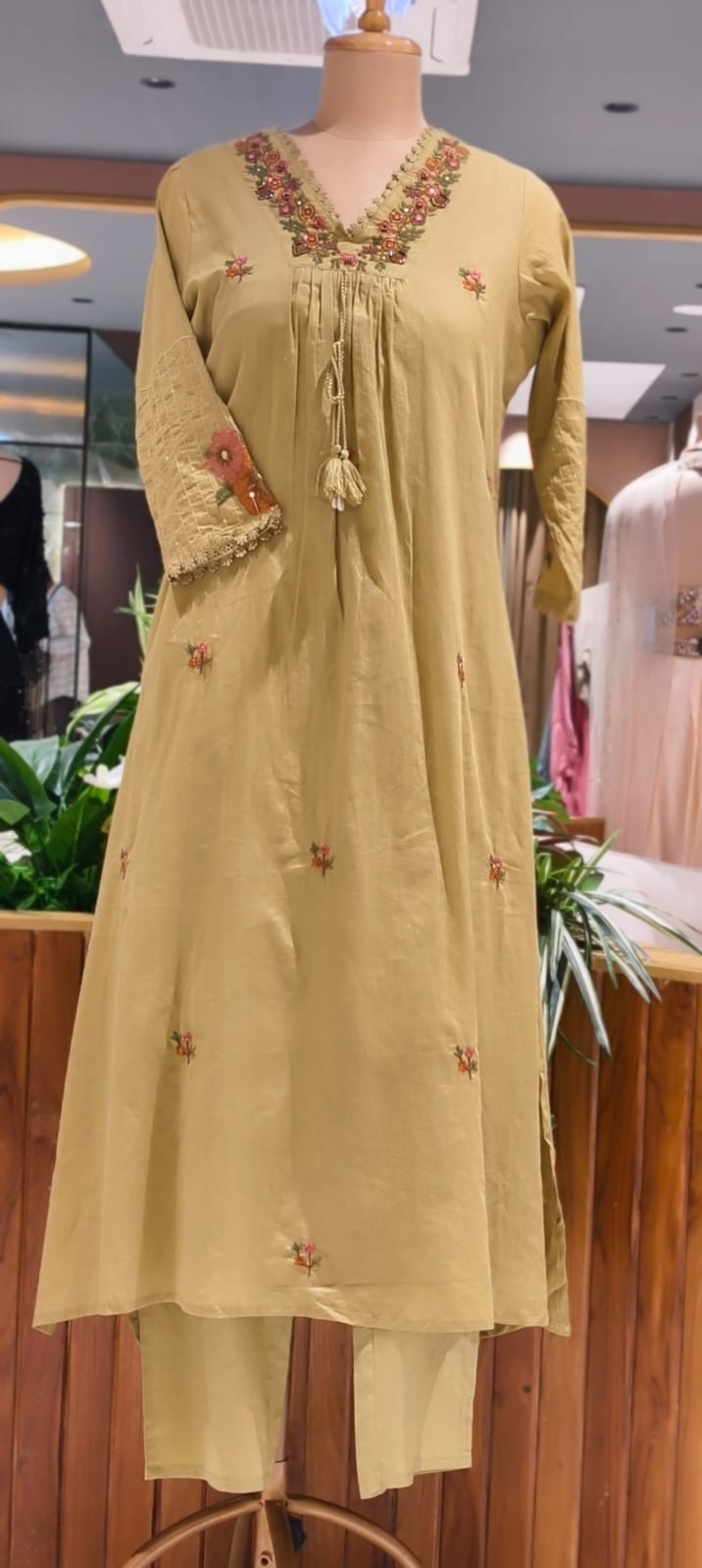 Fine Intricate Floral Embroidery With Crosia Touch Neckline Sili Cotton A-Line Full Suit Set With Dupatta- 15672
