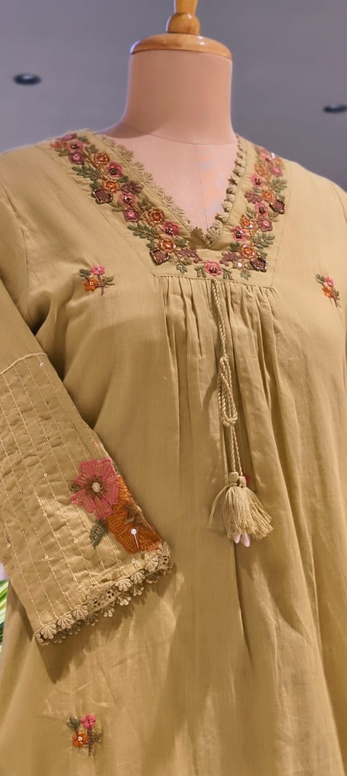Fine Intricate Floral Embroidery With Crosia Touch Neckline Sili Cotton A-Line Full Suit Set With Dupatta- 15672