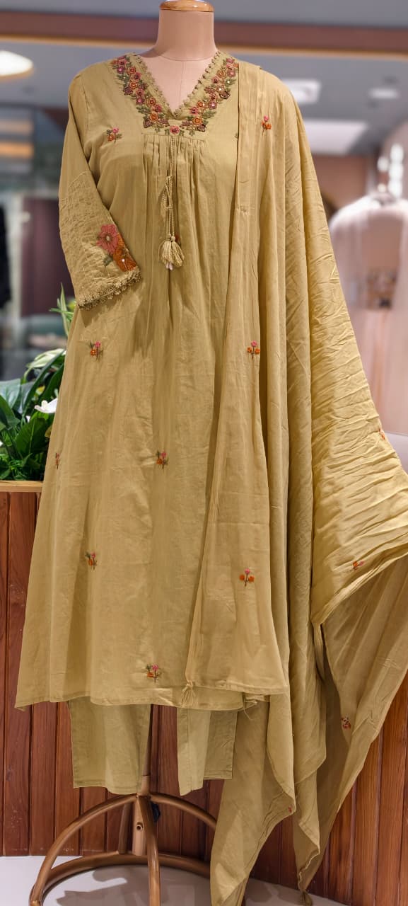 Fine Intricate Floral Embroidery With Crosia Touch Neckline Sili Cotton A-Line Full Suit Set With Dupatta- 15672