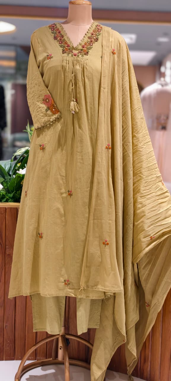 Fine Intricate Floral Embroidery With Crosia Touch Neckline Sili Cotton A-Line Full Suit Set With Dupatta- 15672