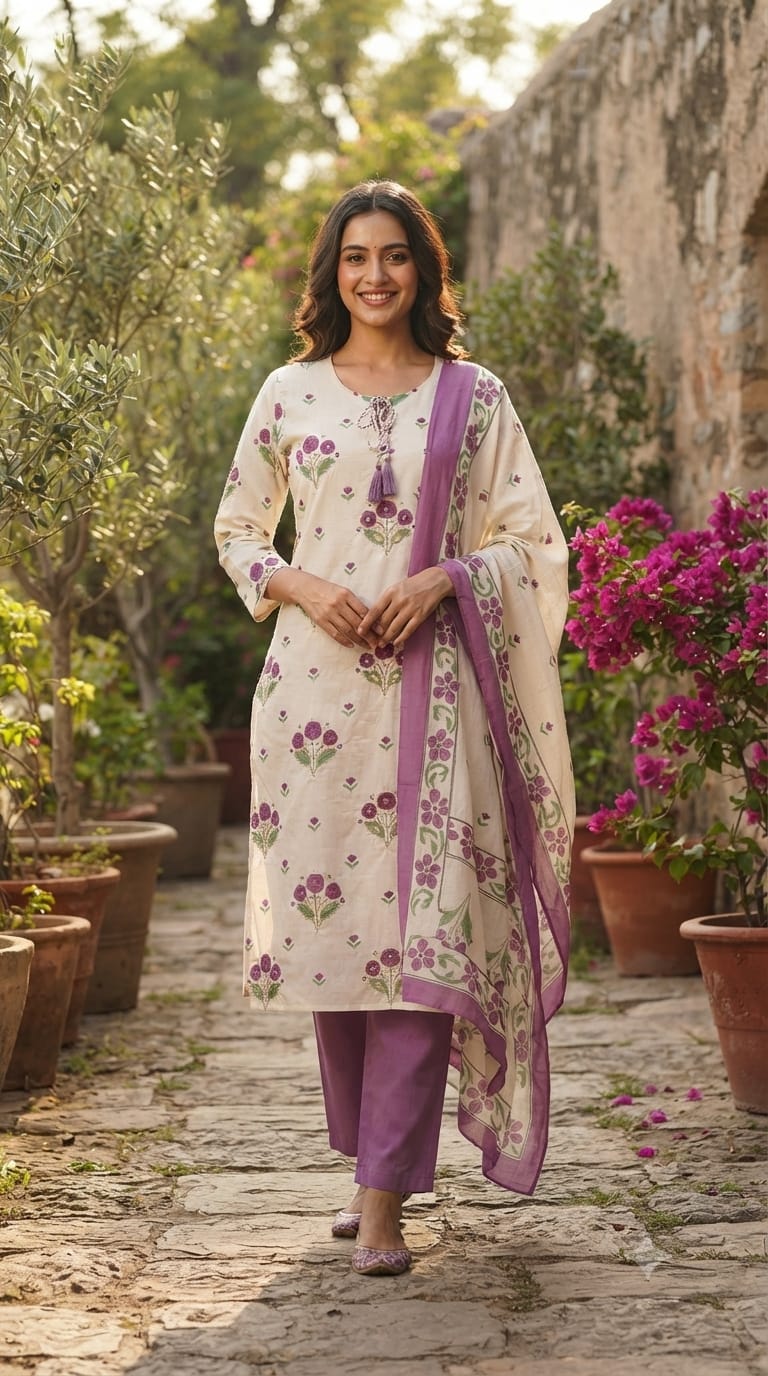 Cute Floral Motifs Watermark Look Tassel Accent Cotton Full Suit Set With Dupatta- 15666
