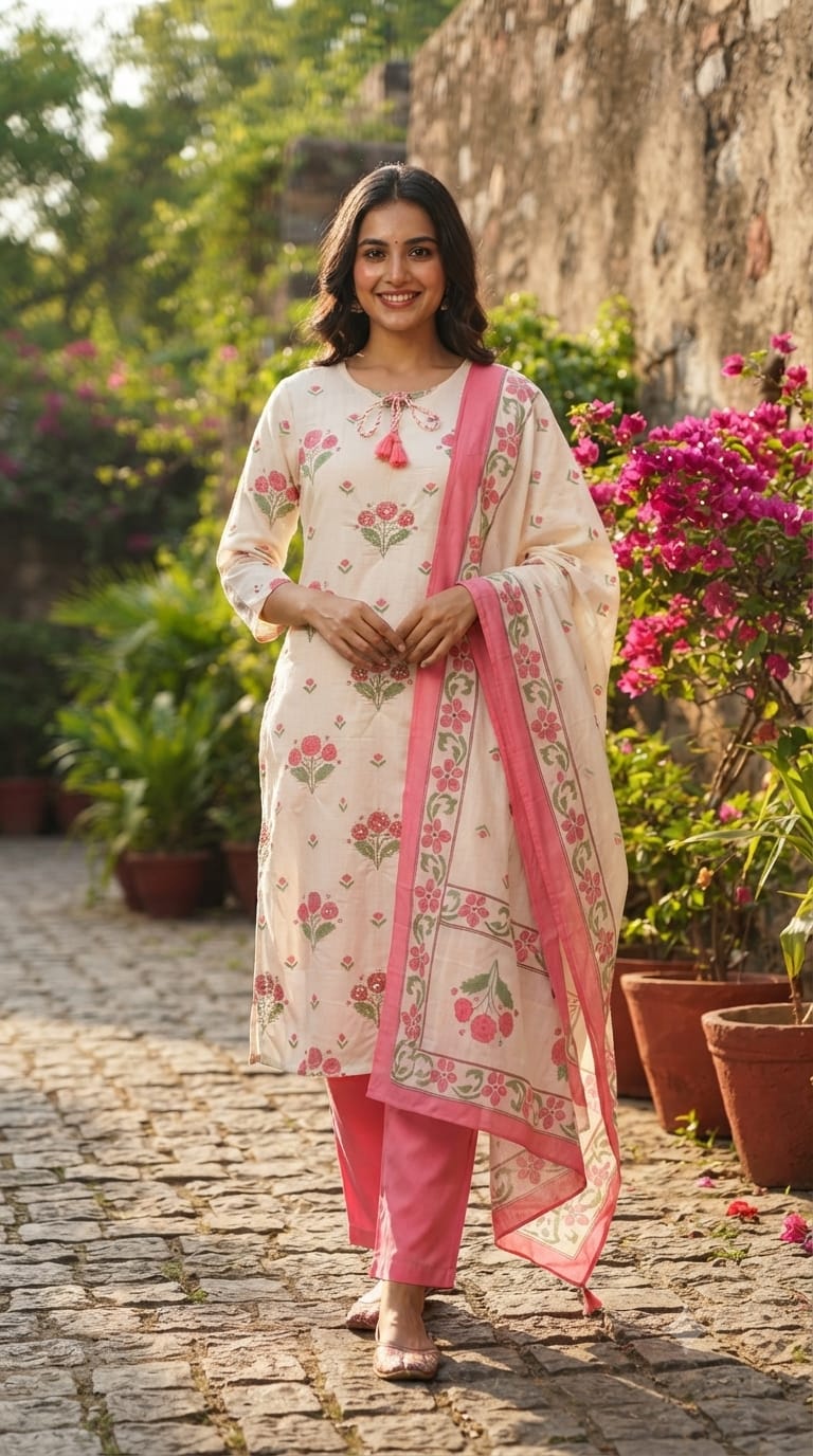 Cute Floral Motifs Watermark Look Tassel Accent Cotton Full Suit Set With Dupatta- 15666
