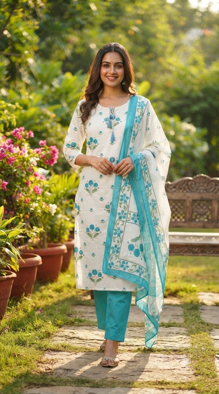 Cute Floral Motifs Watermark Look Tassel Accent Cotton Full Suit Set With Dupatta- 15666