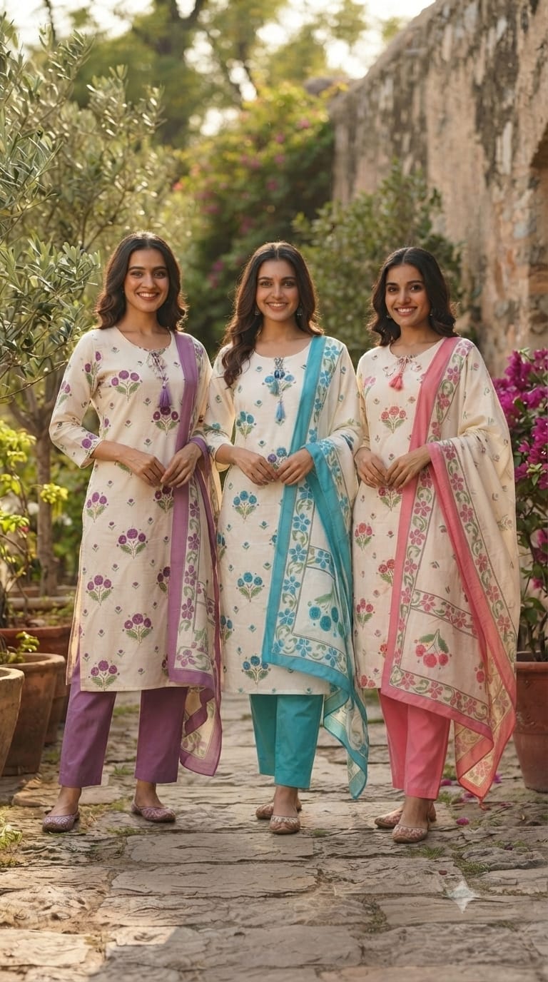 Cute Floral Motifs Watermark Look Tassel Accent Cotton Full Suit Set With Dupatta- 15666