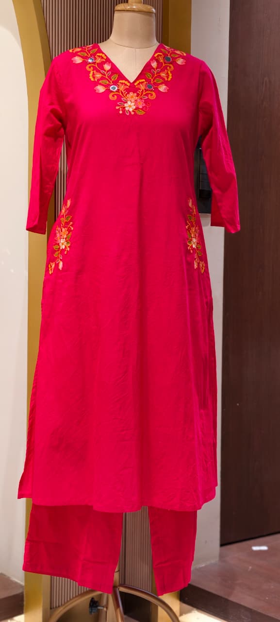 Solid A-Line Full Suit Set With Multicolor Contrasted Floral Embroidery Over Neckline- 15667