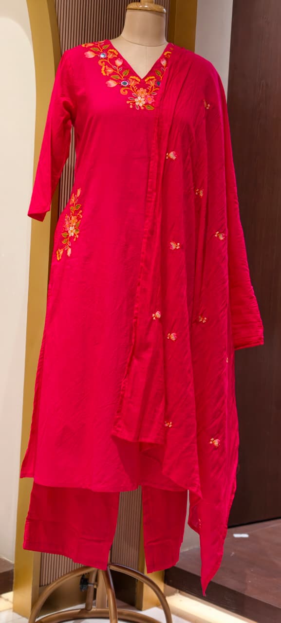 Solid A-Line Full Suit Set With Multicolor Contrasted Floral Embroidery Over Neckline- 15667