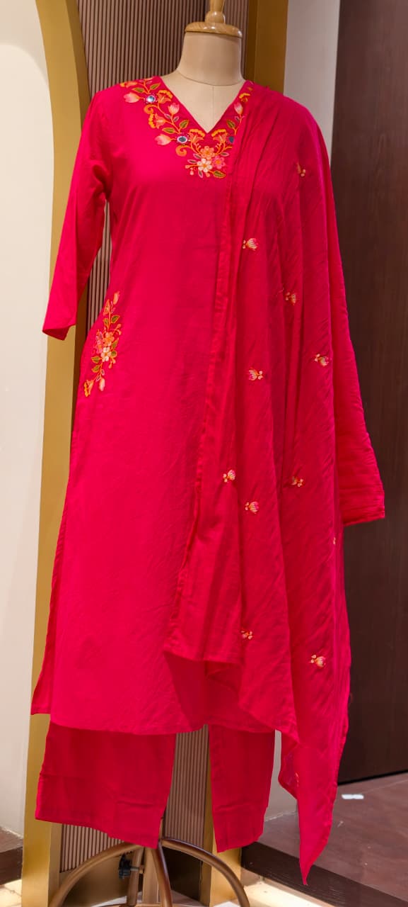 Solid A-Line Full Suit Set With Multicolor Contrasted Floral Embroidery Over Neckline- 15667