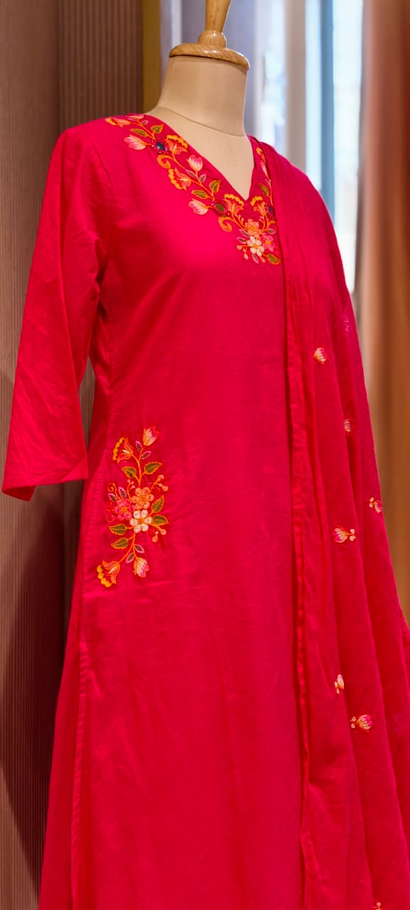 Solid A-Line Full Suit Set With Multicolor Contrasted Floral Embroidery Over Neckline- 15667