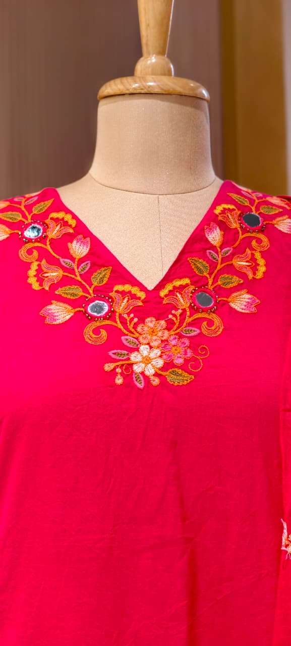 Solid A-Line Full Suit Set With Multicolor Contrasted Floral Embroidery Over Neckline- 15667